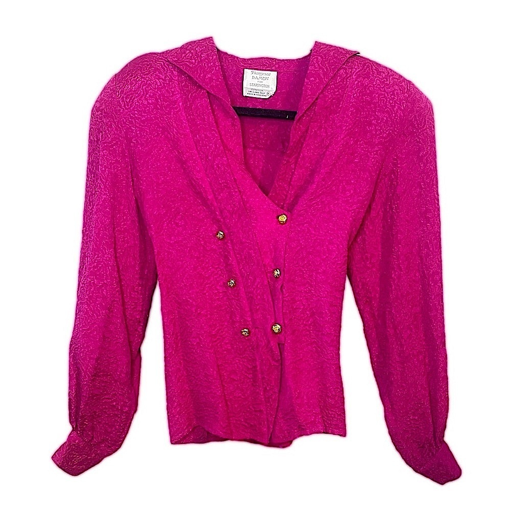 Vintage Silk Hot Pink Button-Up Statement Shoulder Barbiecore Long Sleeve Blouse - Picture 4 of 14